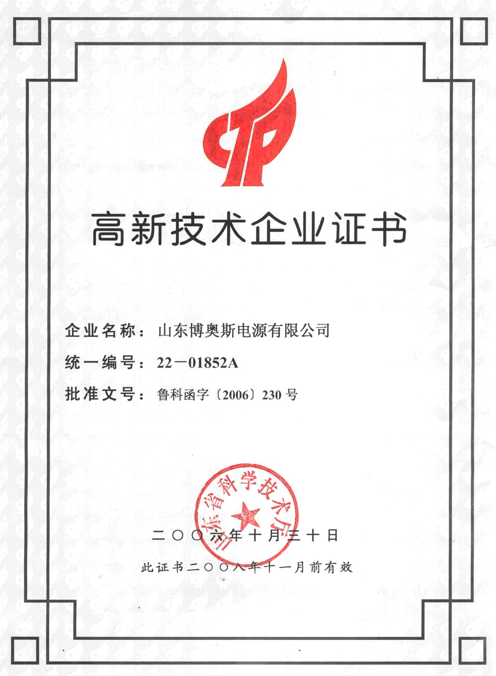 山东省高新技术企业证书